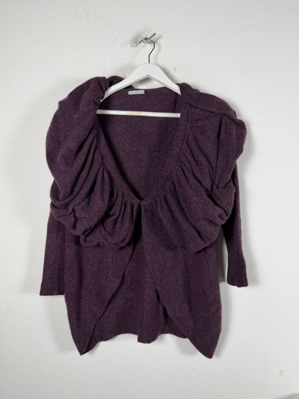 Casmari Hand Loomed Womens Purple Cashmere Draped Cardigan Ruched Sleeve Size 3